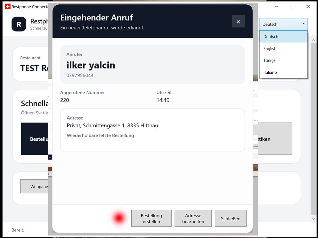 Anruferkennung für Lieferservice, PizzaKurier